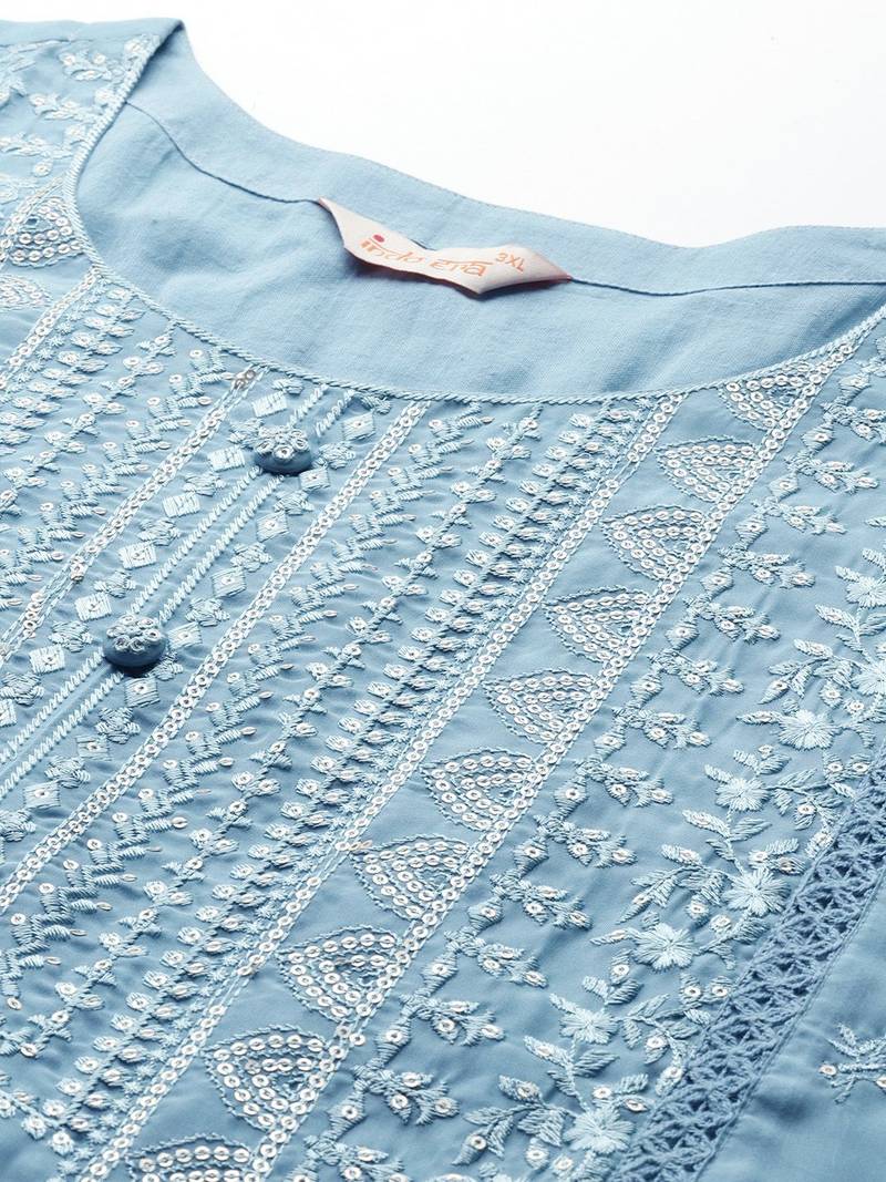 Plus Size Sequinned Kurta With Trousers & Dupatta