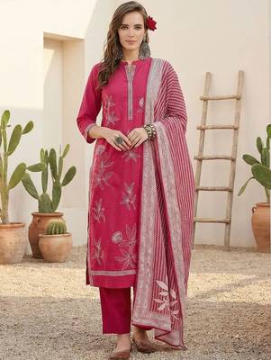 Women Floral Embroidered Regular Beads and Stones Pure Cotton Kurta with Trousers & With Dupatta 1