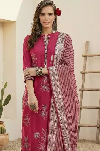Women Floral Embroidered Regular Beads and Stones Pure Cotton Kurta with Trousers & With Dupatta