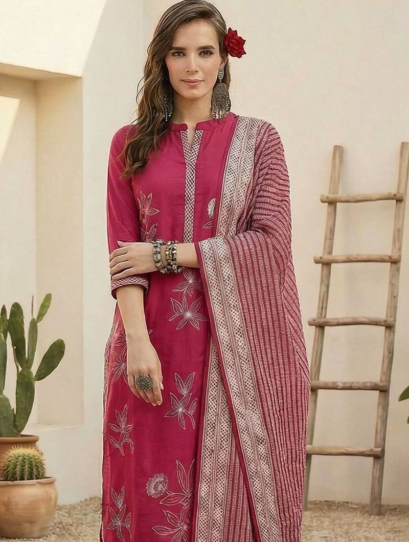 Women Floral Embroidered Regular Beads and Stones Pure Cotton Kurta with Trousers & With Dupatta