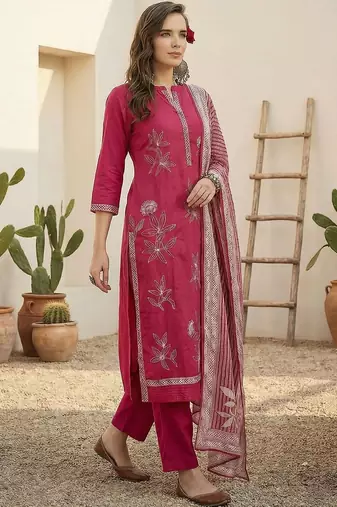 Women Floral Embroidered Regular Beads and Stones Pure Cotton Kurta with Trousers & With Dupatta
