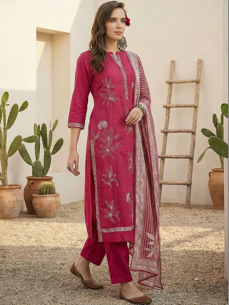 Women Floral Embroidered Regular Beads and Stones Pure Cotton Kurta with Trousers & With Dupatta