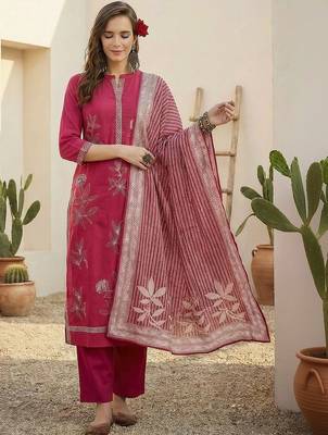 Women Floral Embroidered Regular Beads and Stones Pure Cotton Kurta with Trousers & With Dupatta 5