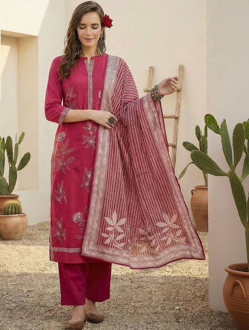Women Floral Embroidered Regular Beads and Stones Pure Cotton Kurta with Trousers & With Dupatta