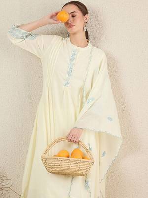 Women Solid Embroidered Cotton Kurta with Trousers & Dupatta 1