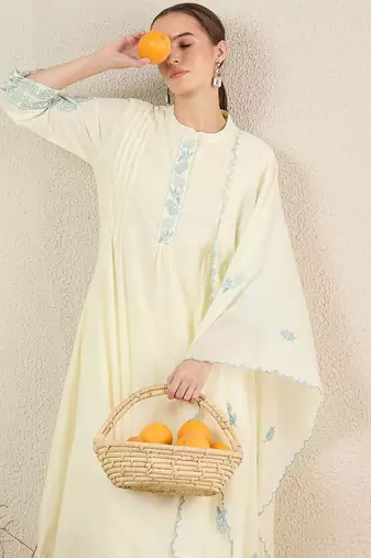 Women Solid Embroidered Cotton Kurta with Trousers & Dupatta