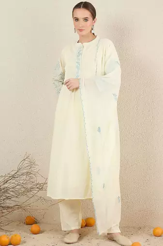 Women Solid Embroidered Cotton Kurta with Trousers & Dupatta