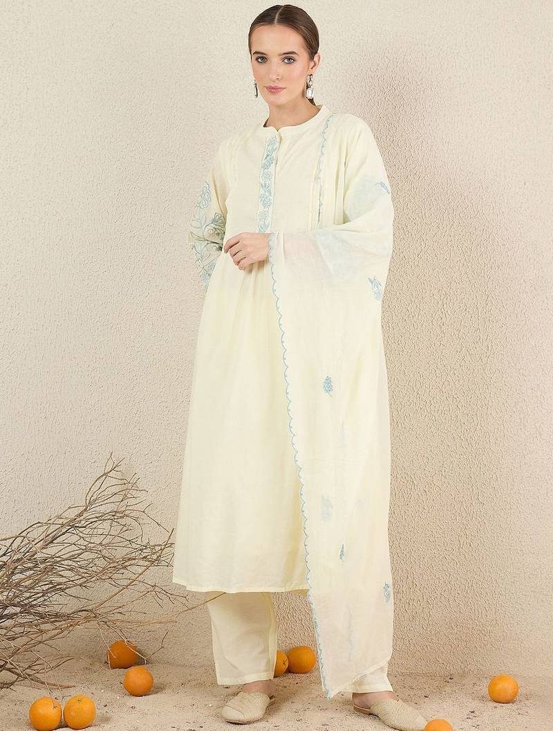 Women Solid Embroidered Cotton Kurta with Trousers & Dupatta