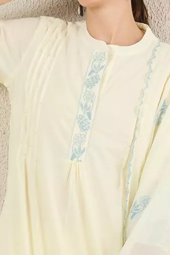 Women Solid Embroidered Cotton Kurta with Trousers & Dupatta