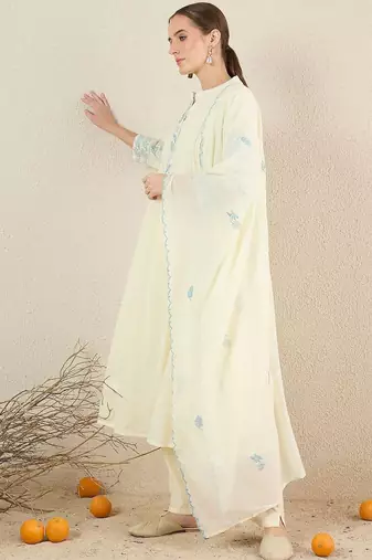 Women Solid Embroidered Cotton Kurta with Trousers & Dupatta