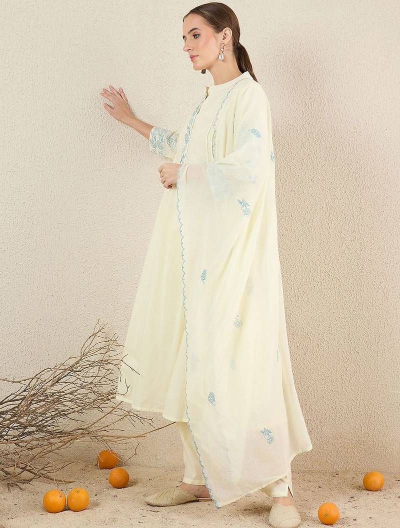Women Solid Embroidered Cotton Kurta with Trousers & Dupatta