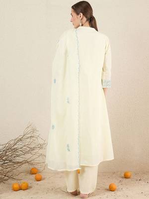 Women Solid Embroidered Cotton Kurta with Trousers & Dupatta 5