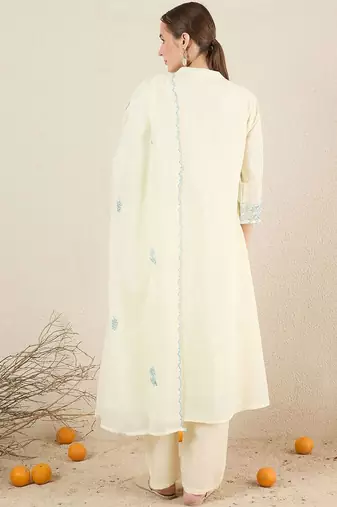 Women Solid Embroidered Cotton Kurta with Trousers & Dupatta