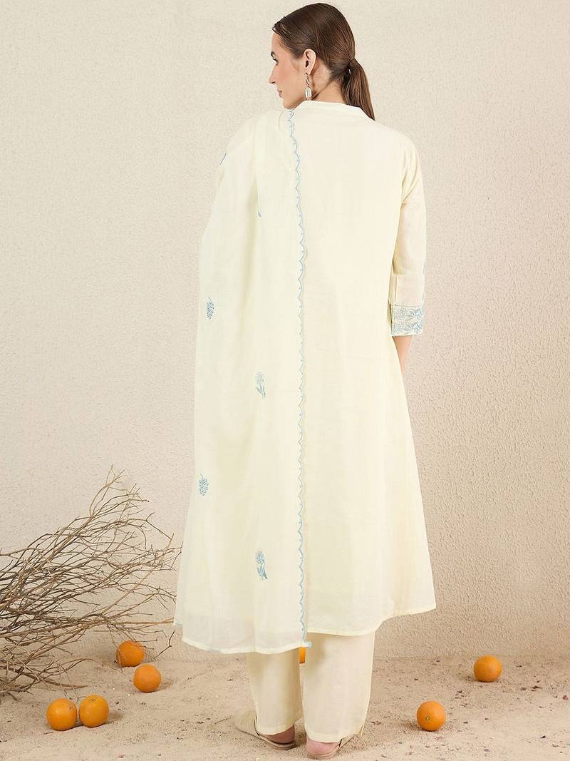 Women Solid Embroidered Cotton Kurta with Trousers & Dupatta