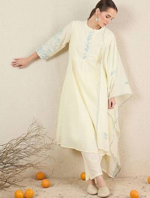 Women Solid Embroidered Cotton Kurta with Trousers & Dupatta 6