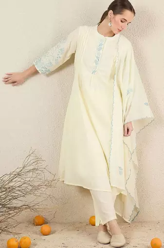 Women Solid Embroidered Cotton Kurta with Trousers & Dupatta