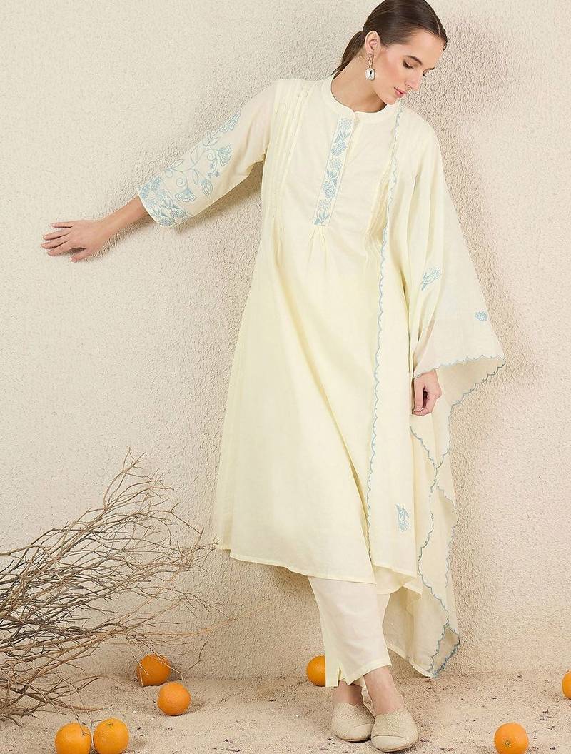 Women Solid Embroidered Cotton Kurta with Trousers & Dupatta