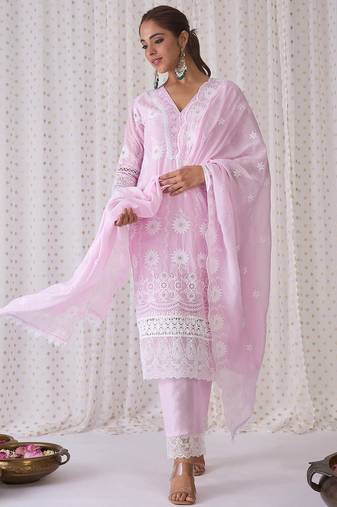 Floral Embroidered V-Neck  Cotton Kurta with Trousers & Dupatta
