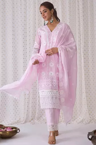 Floral Embroidered V-Neck Pure Cotton Kurta with Trousers & Dupatta