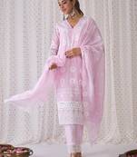 Floral Embroidered V-Neck Pure Cotton Kurta with Trousers & Dupatta