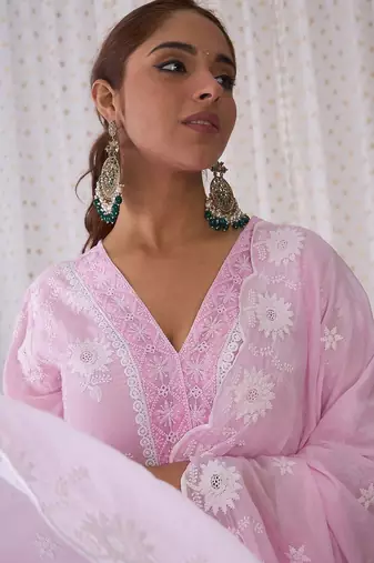 Floral Embroidered V-Neck Pure Cotton Kurta with Trousers & Dupatta