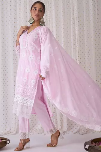 Floral Embroidered V-Neck Pure Cotton Kurta with Trousers & Dupatta