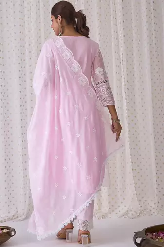 Floral Embroidered V-Neck Pure Cotton Kurta with Trousers & Dupatta
