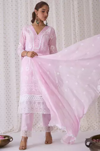 Floral Embroidered V-Neck Pure Cotton Kurta with Trousers & Dupatta