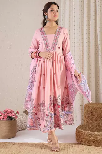 Women Floral Printed Pleated Pure Cotton Kurta with Trousers & With Dupatta