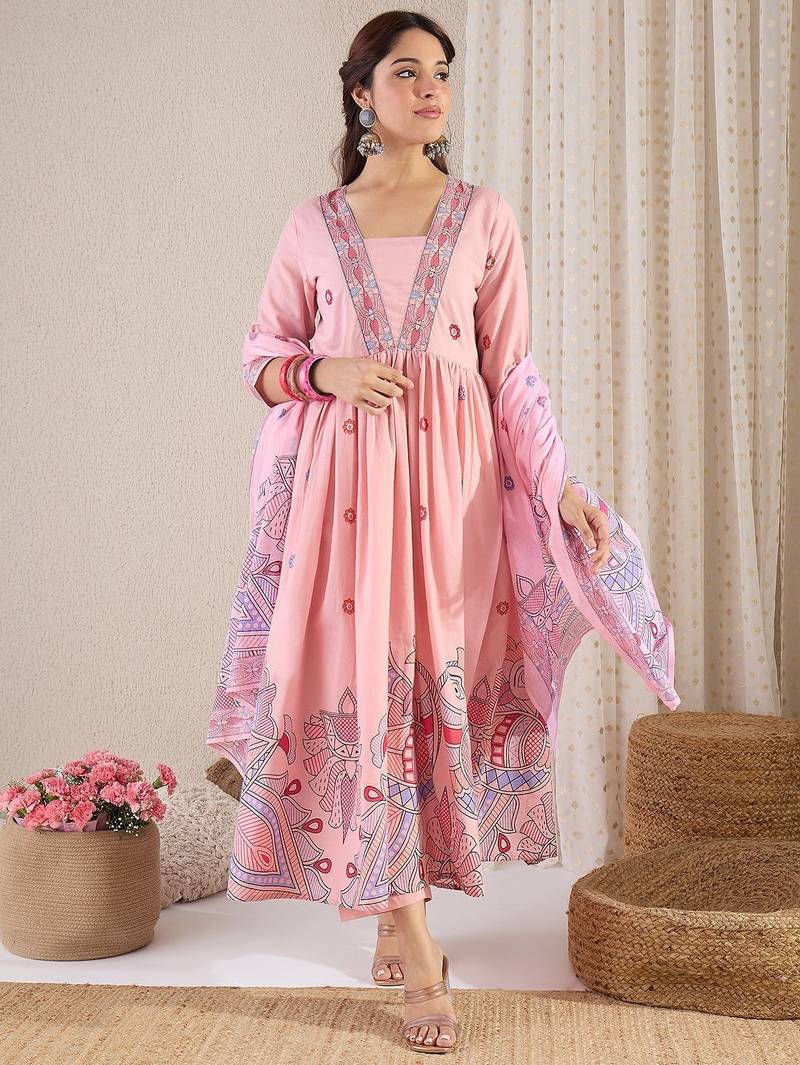 Women Floral Printed Pleated Pure Cotton Kurta with Trousers & With Dupatta