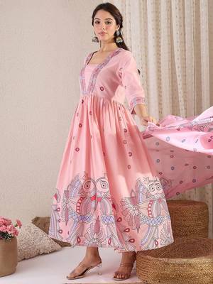 Women Floral Printed Pleated Pure Cotton Kurta with Trousers & With Dupatta 4