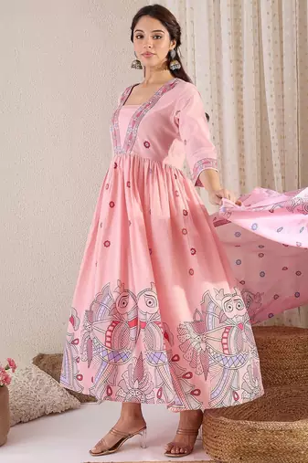 Women Floral Printed Pleated Pure Cotton Kurta with Trousers & With Dupatta