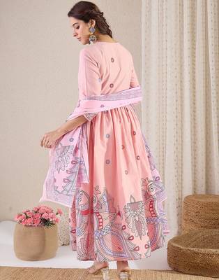 Women Floral Printed Pleated Pure Cotton Kurta with Trousers & With Dupatta 5