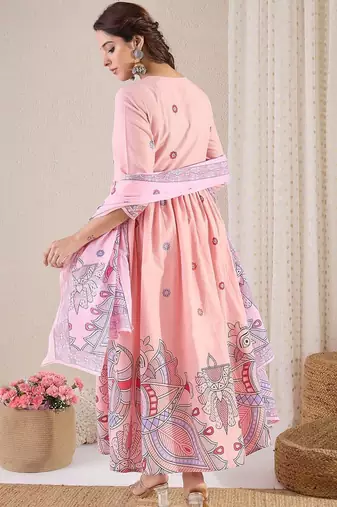 Women Floral Printed Pleated Pure Cotton Kurta with Trousers & With Dupatta