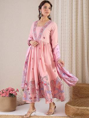 Women Floral Printed Pleated Pure Cotton Kurta with Trousers & With Dupatta 6