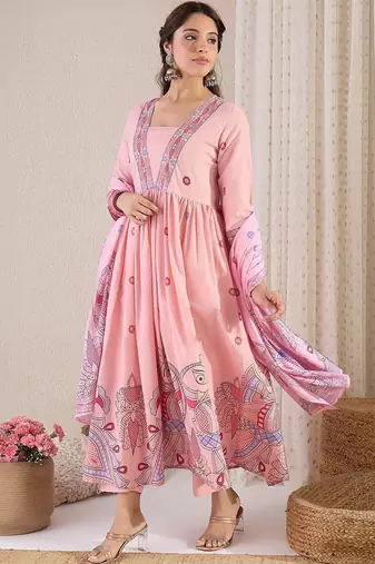 Women Floral Printed Pleated Pure Cotton Kurta with Trousers & With Dupatta