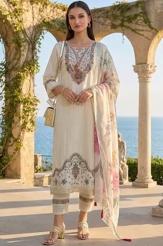Women Floral Embroidered Regular Thread Work Pure Cotton Kurta with Trousers & With Dupatta