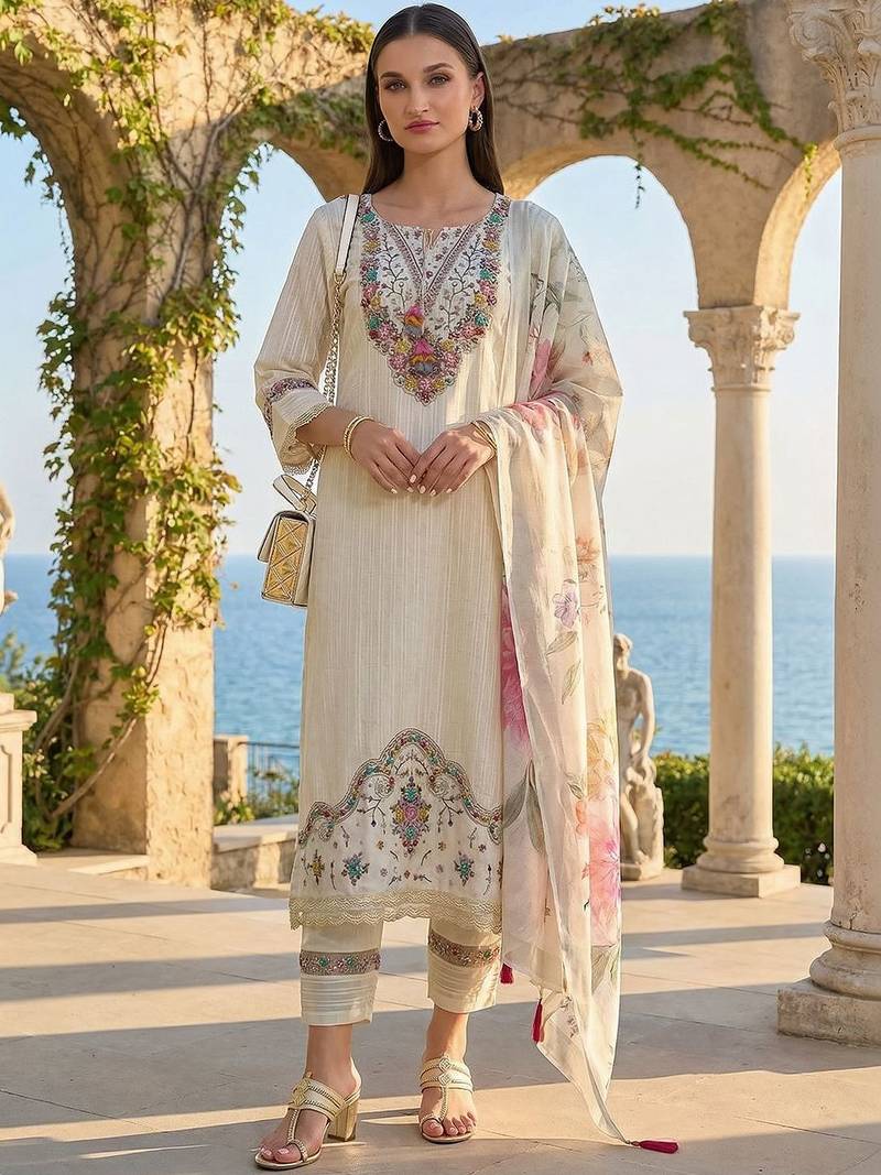 Women Floral Embroidered Regular Thread Work Pure Cotton Kurta with Trousers & With Dupatta