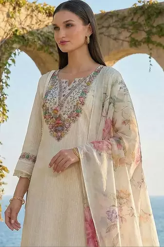 Women Floral Embroidered Regular Thread Work Pure Cotton Kurta with Trousers & With Dupatta