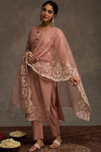 Women Ethnic Motifs Embroidered Cotton Kurta with Trousers & Dupatta
