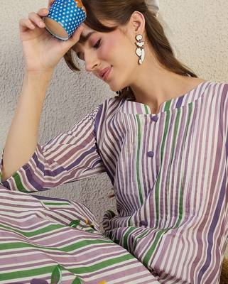 Striped Pure Cotton A-Line Kurta With Trousers 1