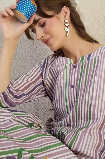 Striped Pure Cotton A-Line Kurta With Trousers