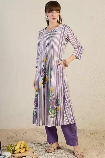 Striped Pure Cotton A-Line Kurta With Trousers
