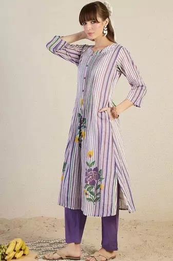 Striped Pure Cotton A-Line Kurta With Trousers
