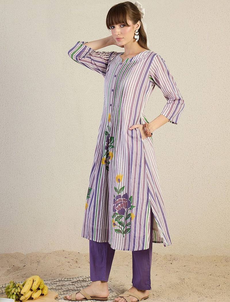 Striped Pure Cotton A-Line Kurta With Trousers