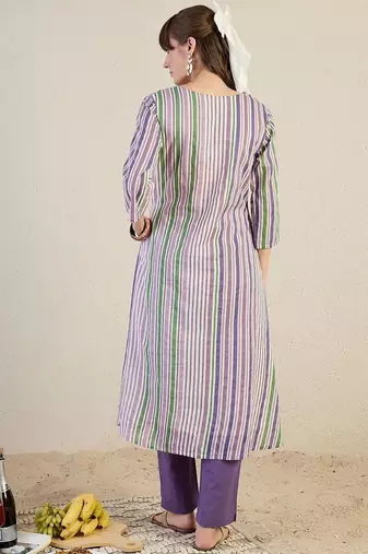 Striped Pure Cotton A-Line Kurta With Trousers