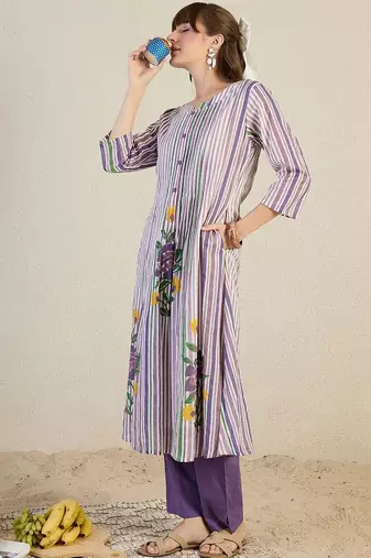 Striped Pure Cotton A-Line Kurta With Trousers