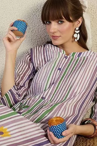 Striped Pure Cotton A-Line Kurta With Trousers