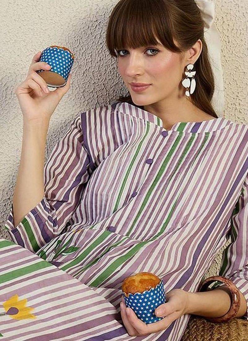 Striped Pure Cotton A-Line Kurta With Trousers
