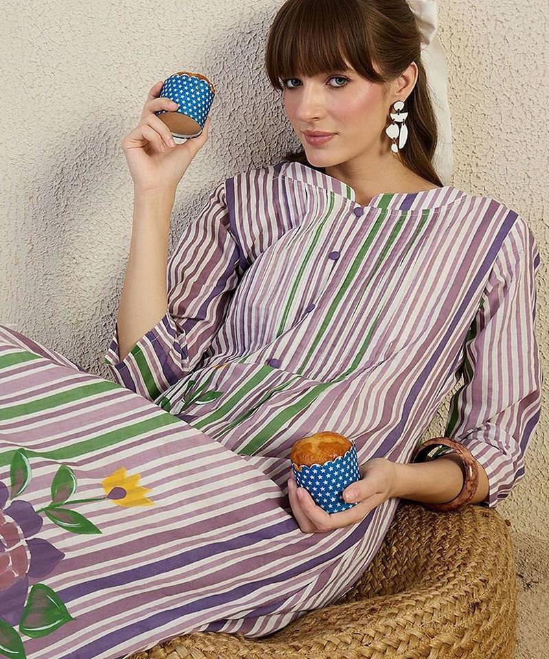 Striped Pure Cotton A-Line Kurta With Trousers